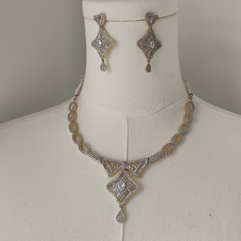 Gold and Silver Diamond-Shaped Necklace and Earring Set